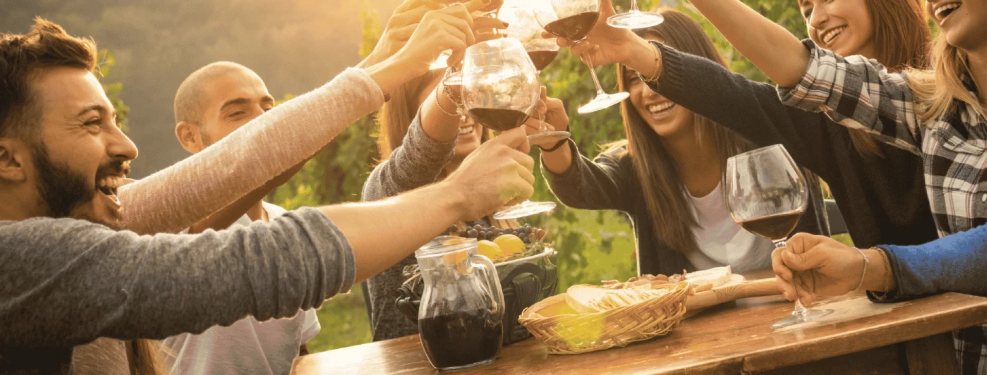 Freunde prosten sich mit Weingläsern zu