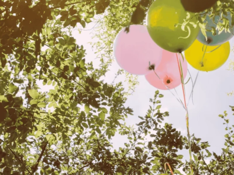 Bunte Ballons steigen zwischen Bäumen auf