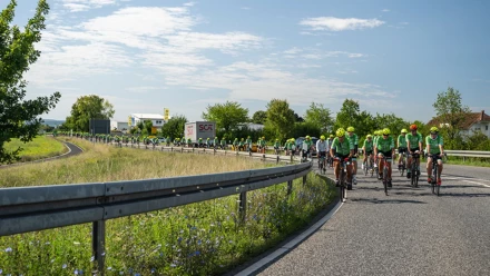Radfahrer fahren auf einer Straße bei der Benefizradtour Tour der Hoffnung