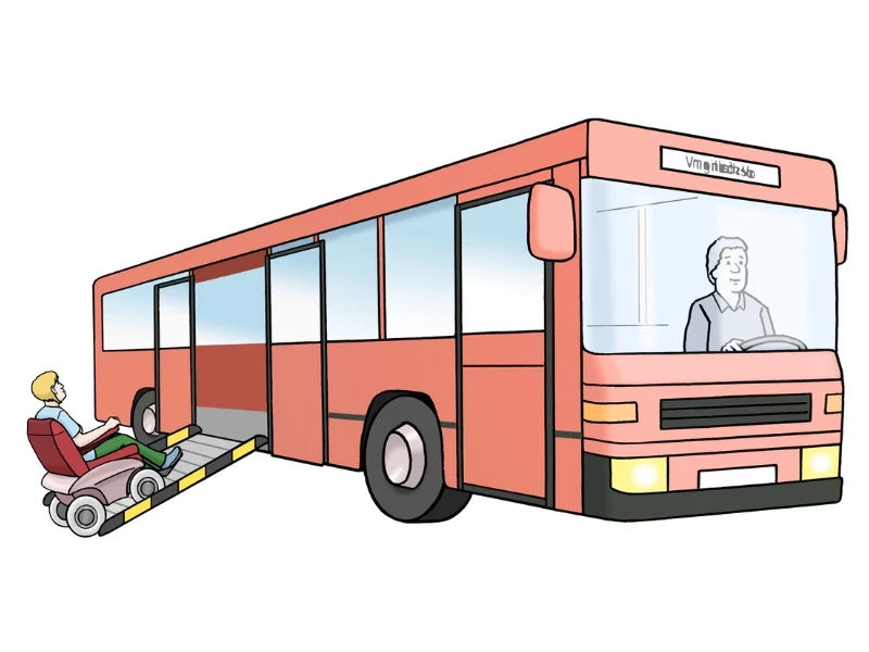 Rollstuhl fährt über eine Rampe in einen Bus