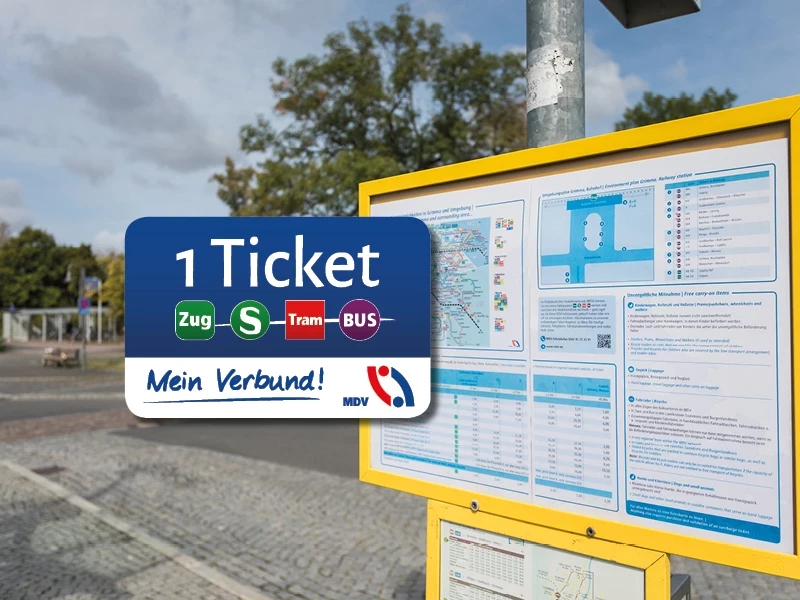 Foto einer Haltestelle und davor eine Abbildung der MDV-Marke