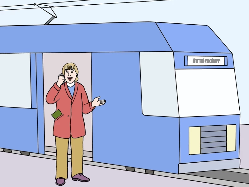 Frau mit Handy in der Hand steht vor einer Tram