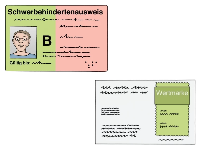 grün-roter Schwerbehindertenausweis mit Foto und grün-weiße Wertmarke