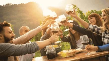 Freunde prosten sich lachend mit Weingläsern zu