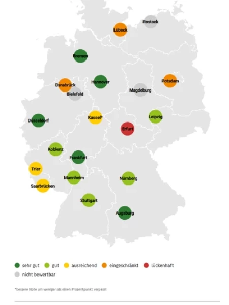 karte Deutschland mit in ampelfarben markierten Städten des ADAC Tests