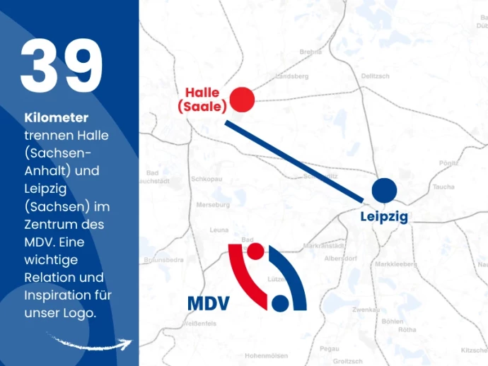 Karte und Logo des MDV in Relation zu den Städten Halle und Leipzig.