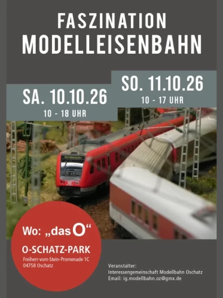 Flyer für eine Modellbahnausstellung in Oschatz, abgebildet sind Miniaturzüge und Infos zum Event