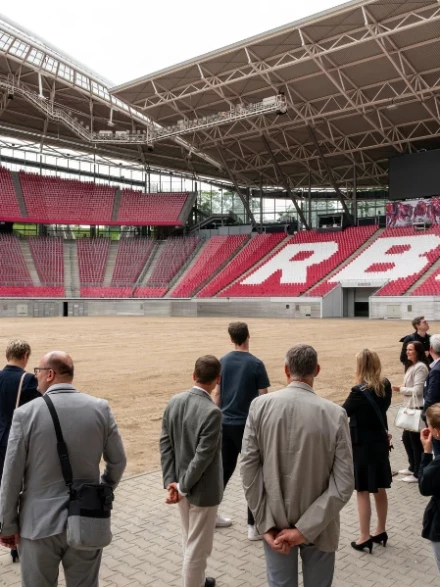 Menschen schauen auf die Zuschauertribüne im Stadion
