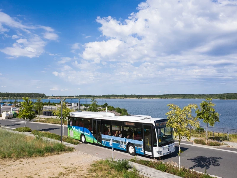 Bus fährt am See entlang