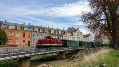 Döllnitzbahn fährt über Brücke an Häusern vorbei