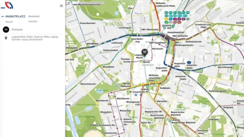 interaktiver Liniennetzplan, Marktplatz Leipzig als Favorit in der Karte markiert