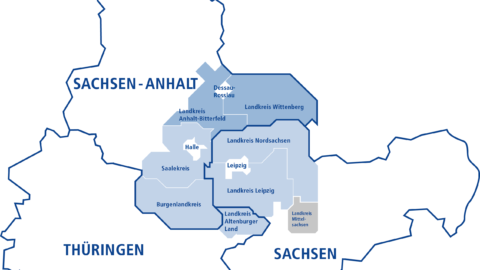 Karte mit MDV-Gebiet innerhalb der Bundesländer Sachsen, Sachsen-Anhalt und Thüringen