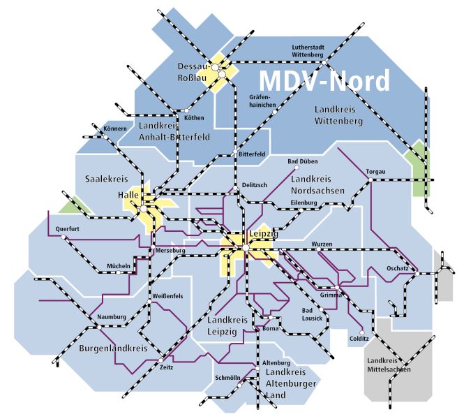 Übersichtskarte des MDV-Gebietes mit Bahnstrecken und PlusBus-Linien